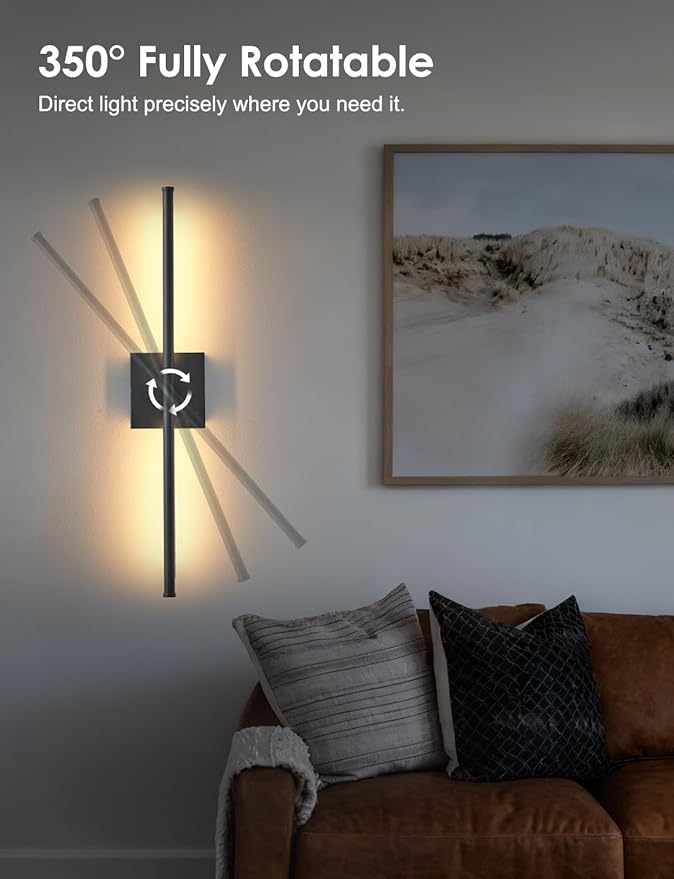 KARTOOSH 24.4 Inch Hardwired Wall Sconces Set of Two, 3000K Warm White Dimmable Modern Wall Sconces, 350° Rotate LED Light Fixtures Wall Lamp for Bathroom Living Room Bedroom Bedside, Black