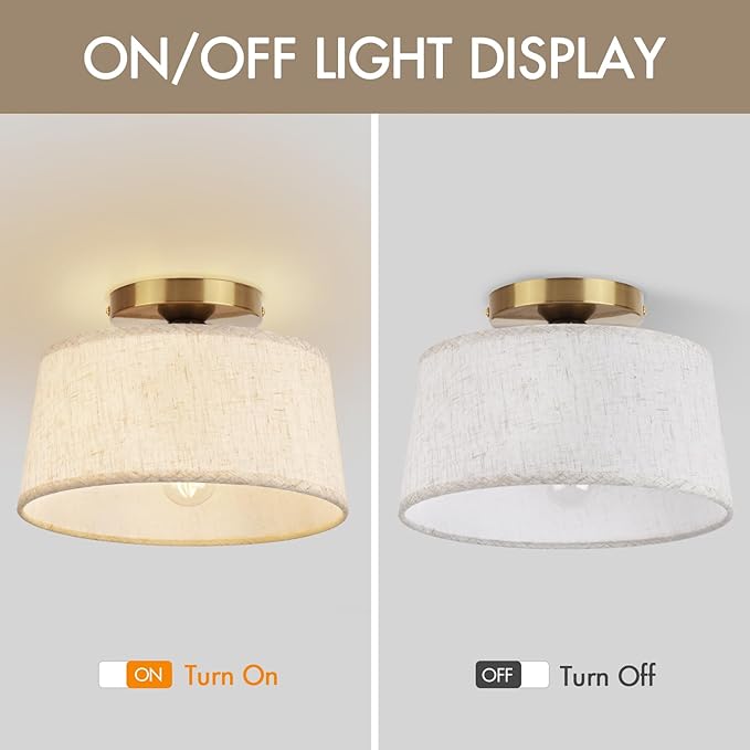 2P Modern Ceiling Light Fixture, 10 Inch Semi Flush Mount Lamp with Linen Shade, E26 Base, Gold for Kitchen Bedroom Hallway Closet Entryway Room Small Spaces, 2 Pack
