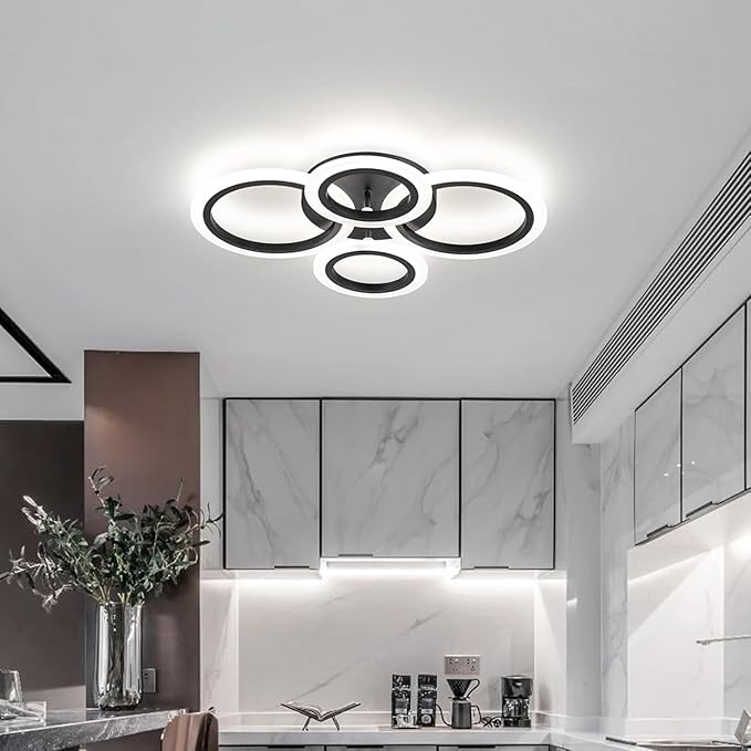Shine LUEST 34W Modern LED Ceiling Light, 3000K-6000K Dimmable Ceiling Lighting Fixtures Ceiling Mount 4 Rings Black LED Chandelier Bedroom Lights Flush Mount with Remote for Kitchen, 2720LM