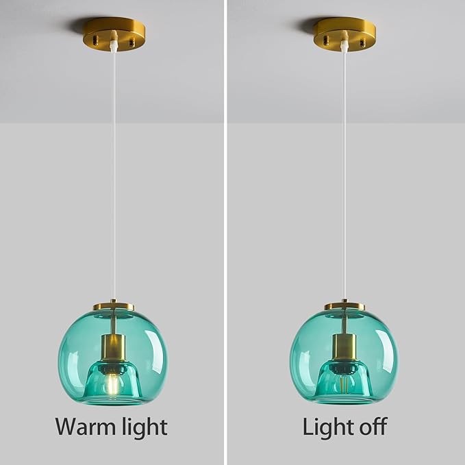 Light Blue Glass Pendant Lights Kitchen Island Gold Hanging Light Fixture Glass Globe Pendant Light Modern Pendant Lighting for Kitchen Island Bedroom Dining Room (7.87", 2 Pack)