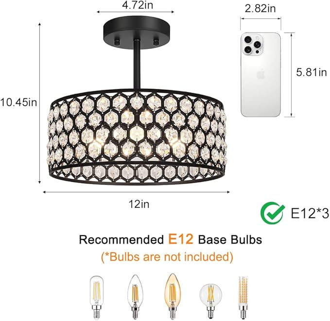 Black Crystal Ceiling Light Fixture - Modern Semi Flush Mount Ceiling Light for Hallway, Kitchen Lighting Fixtures Ceiling, Dazzling Prism Chandelier for Foyer Closet Bedroom, 3 Light, 12 in