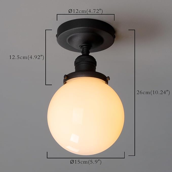 PERMO Modern Semi Flush Mount Ceiling Pendant Light Ceiling Lights with Milk White Globe Glass Lampshade for Bedroom Entryway Corridor (Black)