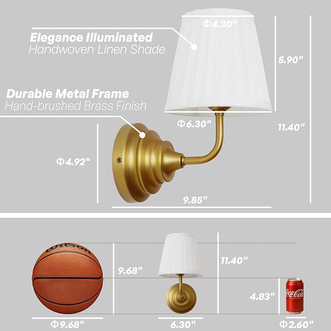 Vintage Gold Wall Sconce Light Brass Bathroom Vanity Light with White Fabric Shade Hardwire Modern Wall Sconces Lamp for Bedroom Living Room Bathroom Kitchen Indoor E26