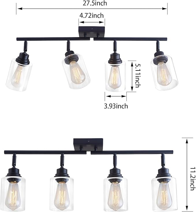 Modern 4-Light Track Lighting Fixtures Ceiling with Clear Glass Shades, E26 Base Kitchen Ceiling Light Fixture for Living Room, Bedroom & Bathroom