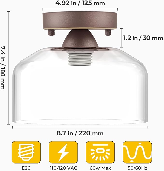 LACCEN Semi Flush Mount Ceiling Light Bronze, Clear Glass Pendant Lamp Shade, Modern Farmhouse Light Fixture for Hallway Corridor Kitchen Entryway Bedroom, Bulb Not Included
