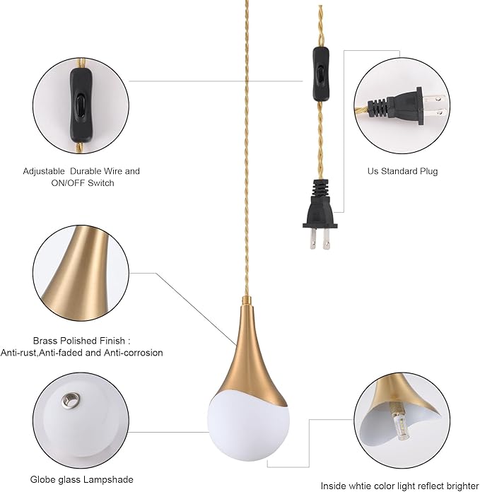 MWZ Gold Plug in Pendant Light,Hanging Lights with Plug in Cord On/Off Switch, Mini Brass Pendant Lights for Kitchen Island,1-Light Modern Raindrop Chandelier Lamps with Milky White Globe Glass Shade