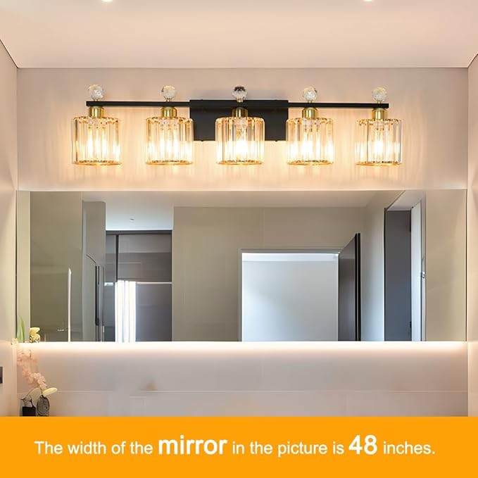 5 Light Black and Gold Vanity Light, Modern Crystal Bathroom Vanity Lighting Fixtures, Bath Wall Mount Lights with Clear Crystal Glass Shade, Wall Sconce Light for Mirror Bedroom Living Room, E26 Base