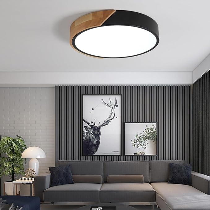 LED Ceiling Lights,12 Inch Black Modern Flush Mount Lighting Fixture,Round Shaped Wood Ceiling Lighting,30W,6500K Cool White