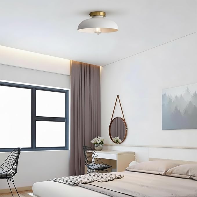 Modern Semi Flush Mount Ceiling Light,Industrial White and Gold Ceiling Fixtures,E26 Ceramic Lamp Head Light Fixture for Kitchen Entryway Hallway Laundry Room Bedroom Foyer(11.8 Inch)