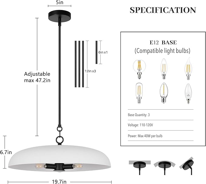 19.7 Inch Extra Large Pendant Light, 3-Light White and Black Metal Pendant Lighting Fixture, Oversized Modern Dome Chandelier Ceiling Hanging for Kitchen Island Dining Room Living Entryway