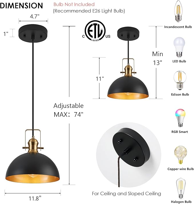 12 Inch Pendant Lights for Kitchen Island Matte Blacks Farmhouse Pendant Light fixtures Adjustable Height Dome Hanging Light for Dinning Room Bedroom Hallway,3 Packs
