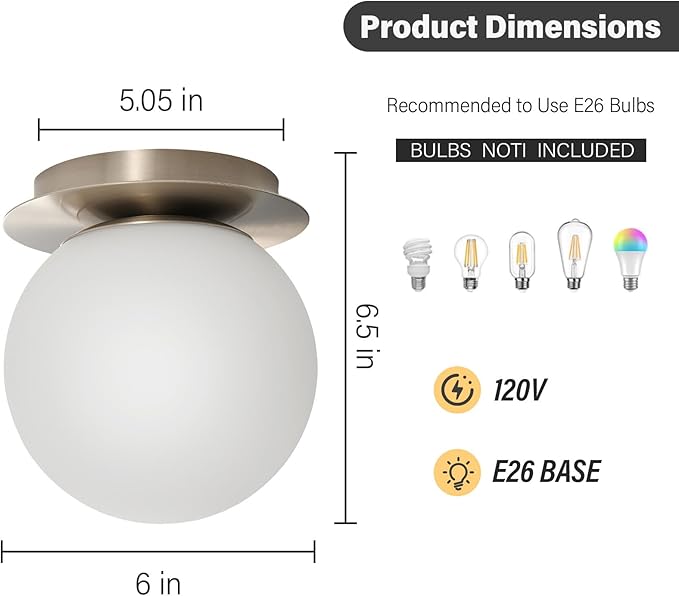 Modern Glass Globe Wall Sconce: Brushed Nickel Single Light with Milk Glass Shade - Minimalist Spherical Vanity Sconces over Mirror - Contemporary Ball Wall Lights Fixtures for Entryway Bulb Excluded