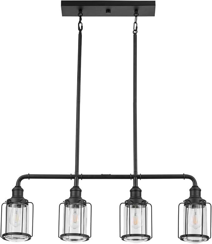 Prominence Home Lincoln Woods 4 Light Matte Black Industrial Kitchen Island, Pendant Light with Cage and Clear Glass - 51547-01