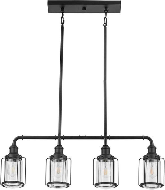 Prominence Home Lincoln Woods 4 Light Matte Black Industrial Kitchen Island, Pendant Light with Cage and Clear Glass - 51547-01