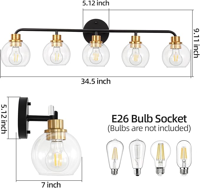 5 Light Bathroom Vanity Light, Black and Gold Bathroom Light Fixtures with Clear Glass Shade Modern Wall Sconces Lighting Bath Wall Lights Lamp for Mirror Kitchen Living Room Bedroom Hallway Cabinet