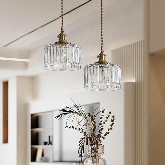 2-Pack Vintage Pendant Light Fixture Gold Pendant Lights Fixtures Clear Kitchen Island Ceiling Hanging Light Round Striped Glass Shade Farmhouse Antique Brass Hanging Pendant Lights