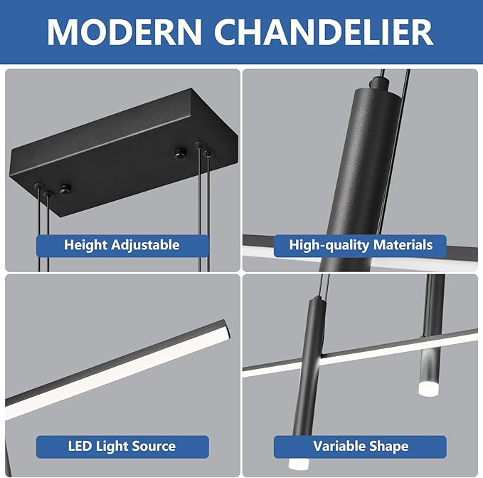 Modern LED Linear Pendant Light with Dual Spotlights Dimmable 6000K Pendant Lights Kitchen Island Ceiling Hanging Black Chandeliers for Dining Room Table Kitchen Living Room Bedroom(L31.5in)