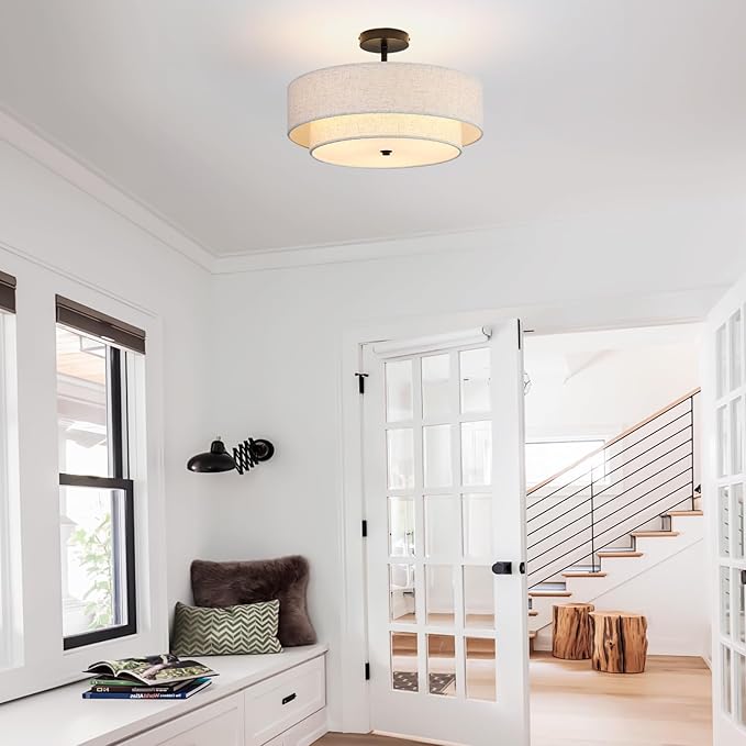 16.5 inch Semi Flush Mount Ceiling Light with Natural Linen Shade, 3-Light UL Listed Fixture with E26 Socket (No Bulb Included) for Bedroom, Kitchen, Living Room