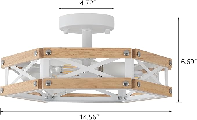 3-Light Modern Farmhouse Wood Flush Mount Ceiling Light Fixture 14.5 inch Vintage Natural Wood and Metal Cage Semi Flush Mount Ceiling Light for Hallway Entry Bedroom Farmhouse, White
