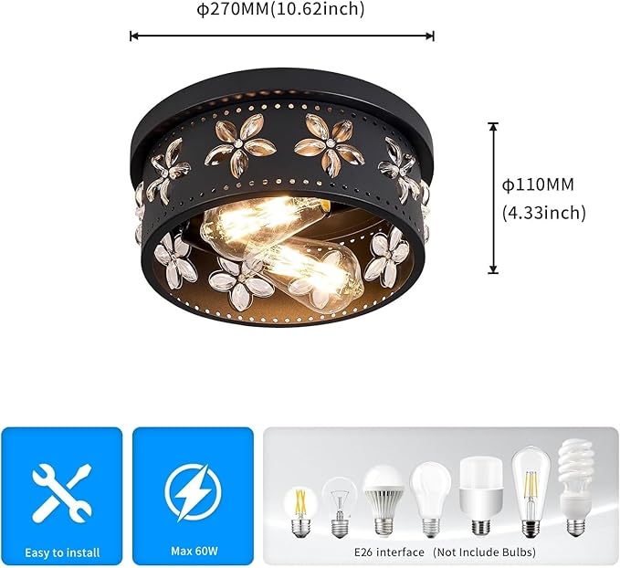 10.6 inch Black Flush Mount Ceiling Light Fixtures, 2-Light Ceiling Mount for Industrial, Crystal Light Fixtures for Farmhouse, Bedroom, Living Room, Kitchen, Hallway and Foyer (2 Pack)