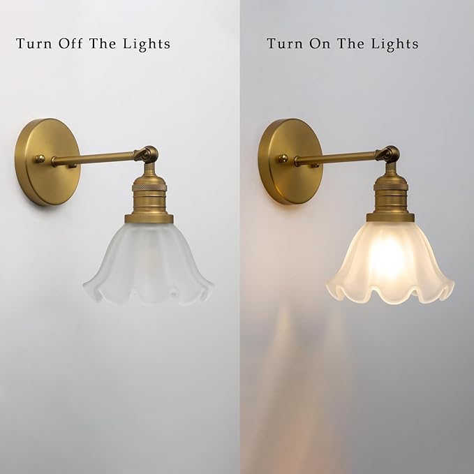Phansthy Vintage Wall Sconces with Frosted Glass Lampshade 180 Degree Adjustable Brass Sconces Modern Glass Wall Lighting Fixture for Bedside Bedroom Doorway Bathroom (Antique)