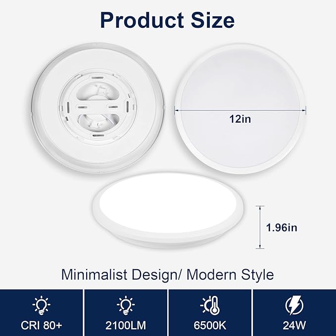 6 Pack 12 Inch Round LED Ceiling Light Fixture, 6500K Daylight Outdoor/Indoor Ceiling Light Fixture, 24W IP54 Waterproof Flat Round White Ceiling Lamp for Living Room Laundry Bedroom Hallway