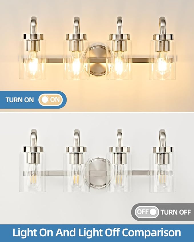4 Light Bathroom Vanity Light, Brushed Nickel Vanity Lights for Bathroom, Modern Light Fixtures Over Mirror with Clear Glass Shade, Wall Sconce Lighting for Bedroom