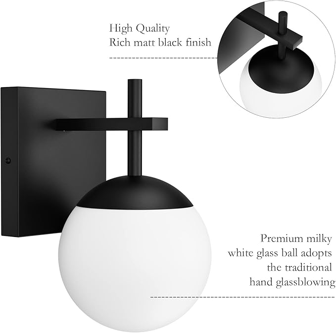 Ralbay Matte Black Wall Sconce, Mid Century Modern Black Wall Light Fixtures Milky Glass Indoor Wall Lamp for Home Decor Bathroom Kitchen Living Room Vanity Hallway, Black 1 Light (Exclude Bulb)