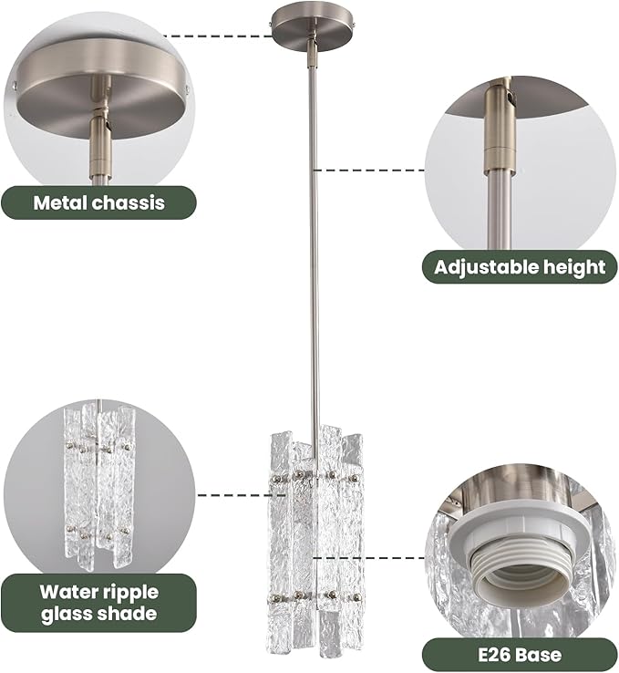 Brushed Nickel Crystal Pendant Light for Kitchen Island, Modern Luxury Mini Water Ripple Glass Chandelier Fixture, Square Adjustable Hanging Pendant Lighting for Dining Room Bedroom Hallway (1-Pack)