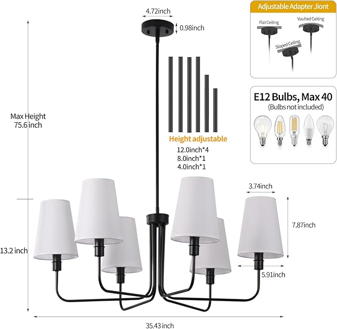 Modern Farmhouse Chandelier Black 6-Light 35.4" Mid Century Dining Room Light with Linen Fabric Shade Adjustable Hanging Ceiling Pendant Light for Kitchen Island Dining Table Bedroom, E12