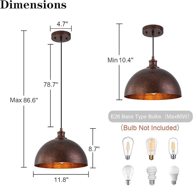 Farmhouse Pendant Lights Kitchen Island,11.8" Red Bronze Rustic Dome Pendant Lights Fixture,Adjustable Height Industrial Chandelier for Dining Room,Bedroom,Hallway