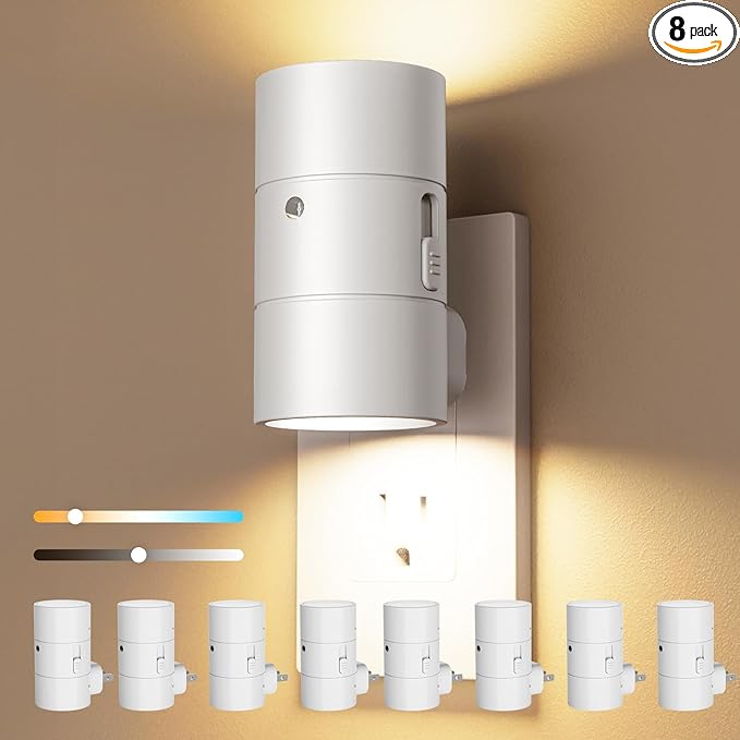 VOLISUN Night Lights Plug into Wall, Dimmable LED Nightlight with Dusk to Dawn Light Sensor, 0-100LM Adjustable Brightness, 3 Color Temperatures, Compact Size, 8 Pack for Hallway, Bathroom White