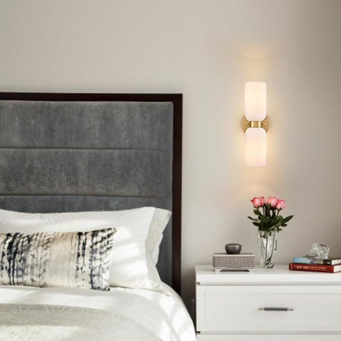 DANSEER Modern Gold Wall Sconce Set of Two, Wall Light with Milky White Glass Shades, Brushed Gold Finish for Bedroom or Vanity Light for Bathroom, Hardwired Installation