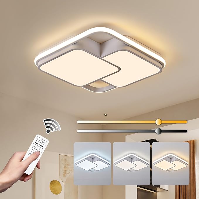 Square LED Ceiling Light with Remote, 60W Dimmable Flush Mount Ceilings Light Fixtures, Modern Light Fixtures Ceiling Lamp LED Chandelier for Bedroom Living Room Kitchen, White/15.7in