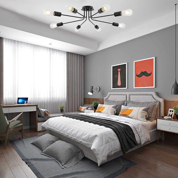 Vintage 8 Light Ceiling Light Industrial Metal Black Sputnik Semi Flush Mount Light for Dining Room Living Room Kitchen