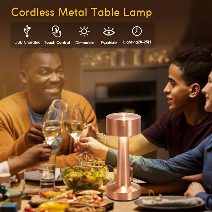 HPUFKOT Portable LED Table Lamp, 3-Levels Brightness Metal Desk Lamp,3 Color Touch Control Rechargeable Lamp, Ideal Bedside Lamp for Nightstand,Bedroom, Living Room (Rose Gold)