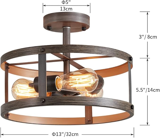 AGV LIGHTING Farmhouse Semi Flush Mount Ceiling Light Fixture, Rustic Style Close to Ceiling Light with 3-Light, Faux Oka Wood Texture with Brushed Grey Finish