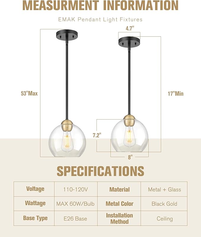 Emak Black and Gold Pendant Light, 8 Inch Globe Pendant Lights Kitchen Island with Clear Glass Shade, Modern Farmhouse Hanging Lights for Kitchen, Dining Room, Bar, PL121-BKBGD-CG