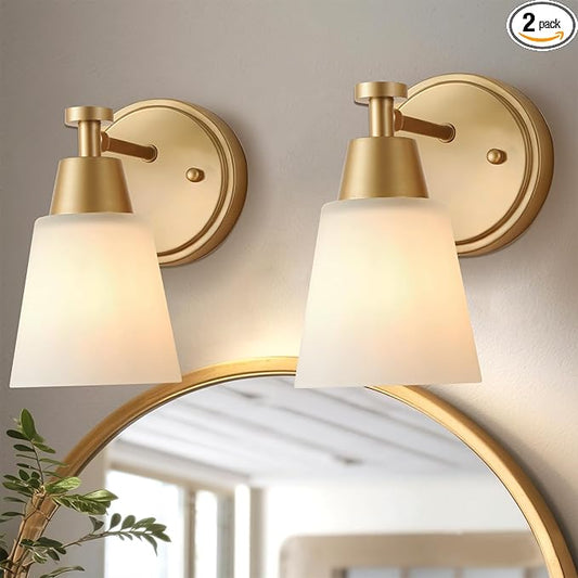Wall Light Fixtures, 2-Pack Brushed Gold Vanity Lights with Milk Glass Shade, Modern Farmhouse Wall Sconces for Gallery, Mirror, Bedroom, and Bathroom,1 Light