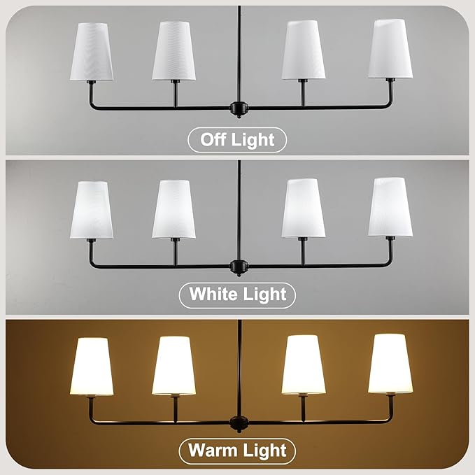 Black Linear Chandelier Modern Farmhouse Kitchen Island Light Fixture Classic 4 Light Chandeliers with White Linen Shades Over Dining Table