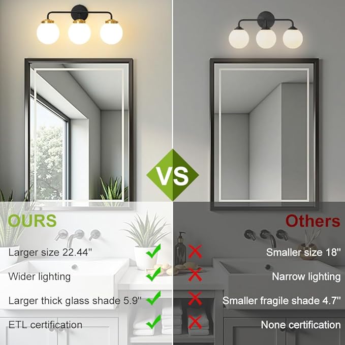 Black Gold Bathroom Light Fixtures Above Mirror, Modern Vanity Lighting with White Glass Globe Shade 3-Light Farmhouse Wall Sconce