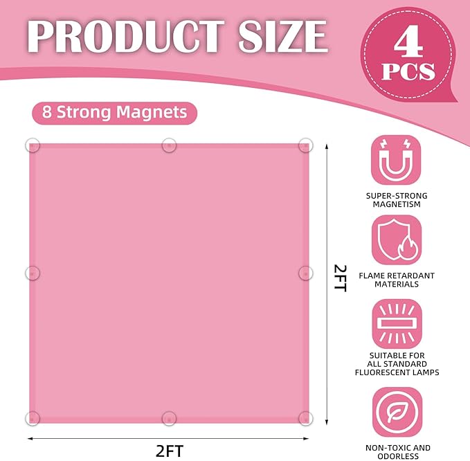 ANGSYLTH 2 x 2 Feet Fluorescent Light Covers - 4 Pcs Covers for Ceiling Lights, Magnetic Light Filters for Classroom, Office, Hospitals, Home (Light Pink)