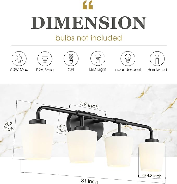 Bathroom Light Fixtures Over Mirror, 4-Light Matte Black Vanity Lighting Fixtures with Milk White Glass, Vintage Farmhouse Wall Sconces Lighting, AD-22004-4W-BK