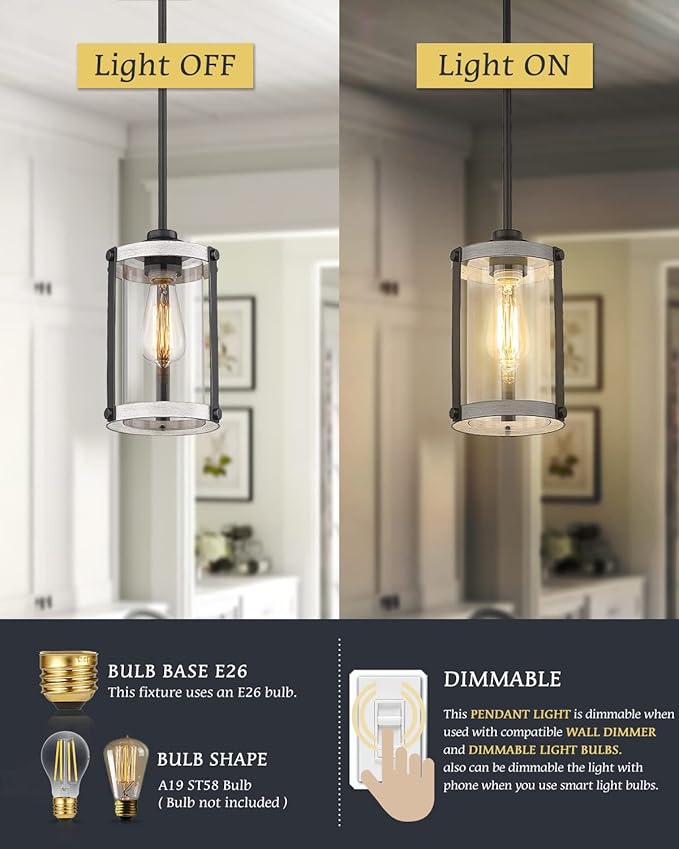Farmhouse Pendant Light Fixtures, 1-Light Rustic Oak White Pendant Light Fixtures, Mini Glass Hanging Lighting with Rod for Kitchen Island Bar Bedroom, Adjustable Length, OS-3015