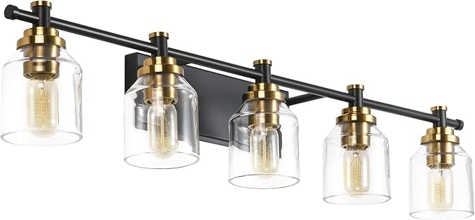 SOLFART 5-Light Bathroom Light Fixtures Over Mirror Bath Vanity Lights Black Brass Finished Lighting Vintage Globe Lights