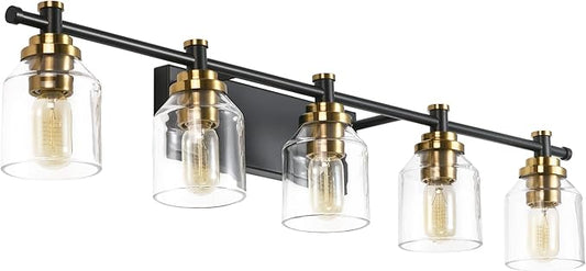 SOLFART 5-Light Bathroom Light Fixtures Over Mirror Bath Vanity Lights Black Brass Finished Lighting Vintage Globe Lights