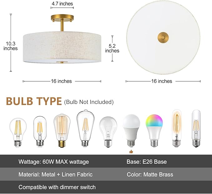 Bargeni Semi Flush Mount Ceiling Light Fixture,16 inch Drum Flush Mount Ceiling Light, Modern Light Fixtures Ceiling Mount with Matte Brass Finish, Semi Flush Ceiling Light for Bedroom,Dining Room