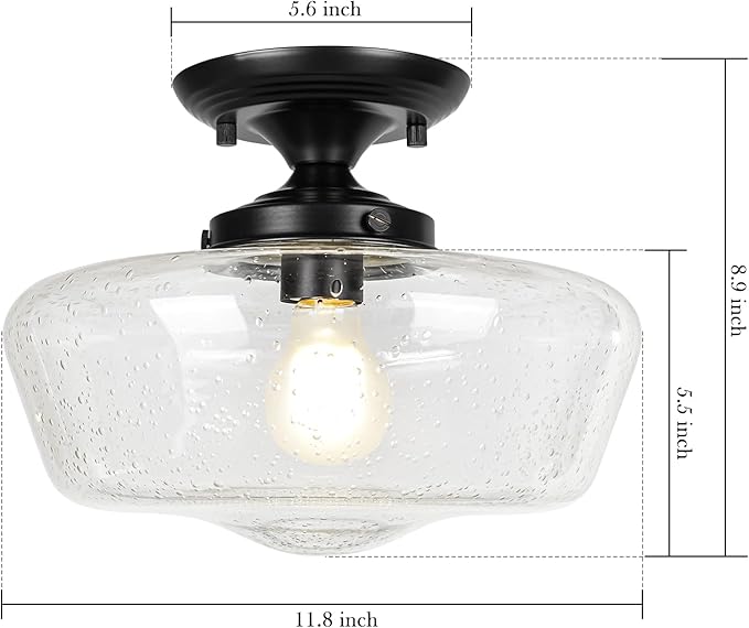 Schoolhouse Style Light Fixture, 12" Black Semi Flush Mount Ceiling Light with Seeded Glass Globe, Close to Ceiling Lights for Kitchen, Hallway, Entryway