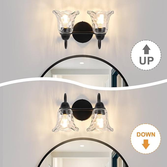 Bathroom Light Fixtures over Mirror, 2 Lights Vintage Wall Sconces with Hammered Glass Shade, 12.6" Matte Black Farmhouse Bathroom Wall Light Fixtures for Bedroom, Porch, Hotel, Mirror Cabinet