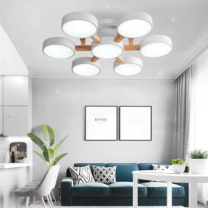 LED Ceiling Light Fixture,32 Inch 7-Lights Modern Ceiling Lights Flush Mount Wooden 84W Chandelier for Living Room Bedroom Kitchen,Dimmable 3000K/4000K/6000K Temperatures Selectable, White